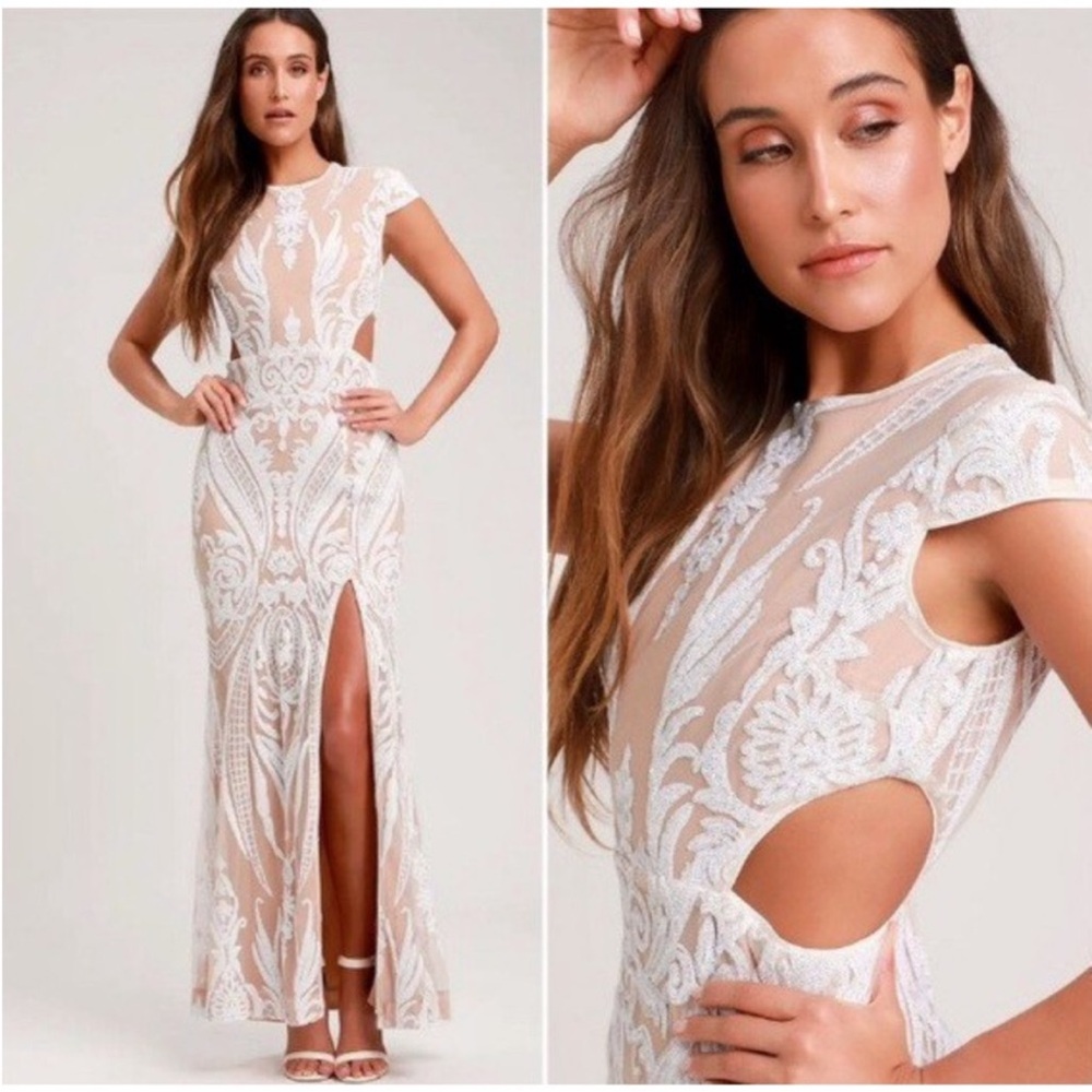 RYSE The Label White Nude Wedding Sequin Full Sequin Dress Formal Gown Size XS